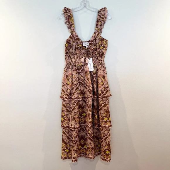 Cleobella Brown Sweetheart Neckline Ruffled Tiered Bohemian Maxi Dress M NWT - Picture 2 of 10
